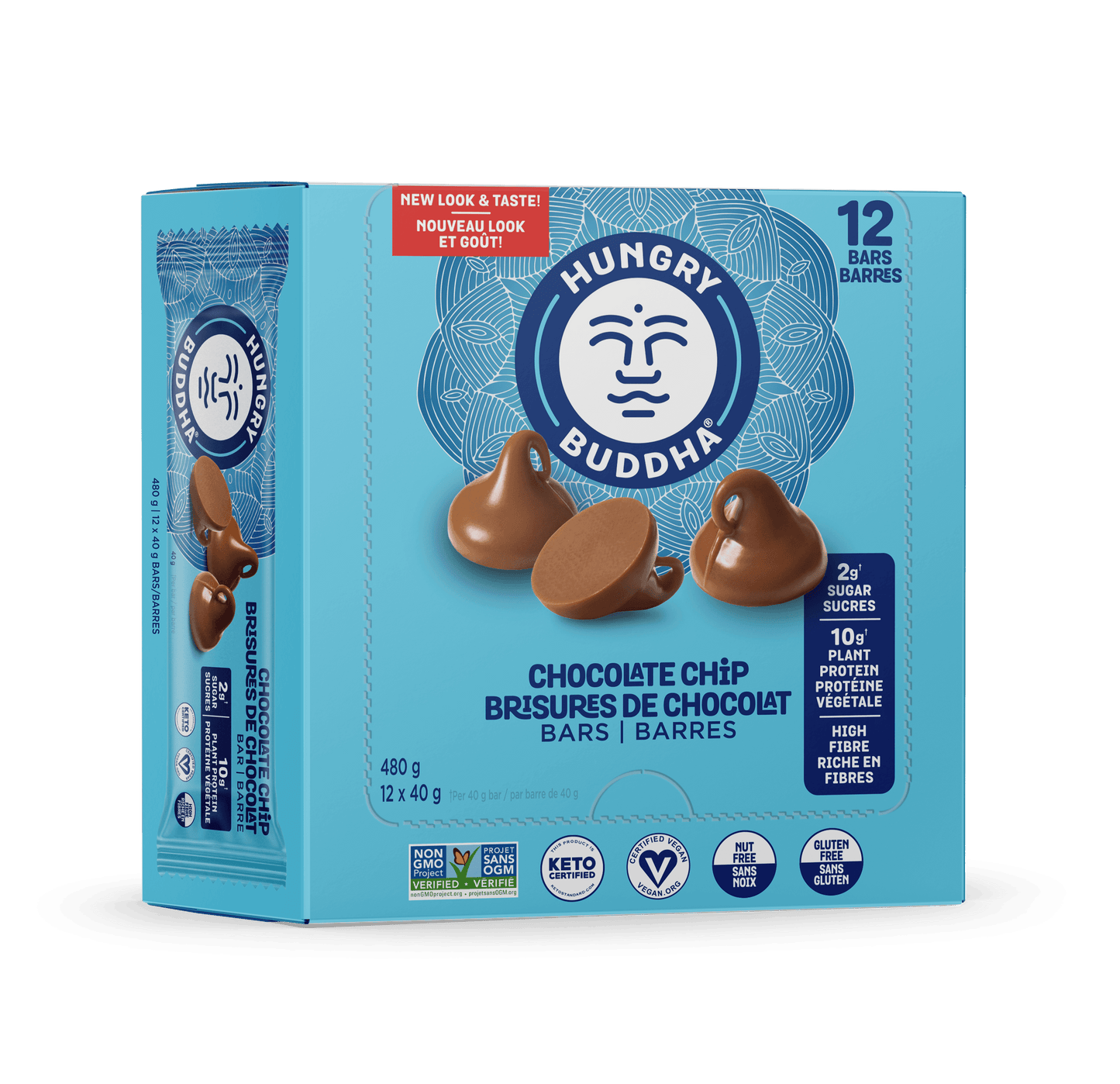 Hungry Buddha Chocolate Chip Protein Snack Bars, 12 pack box front 
